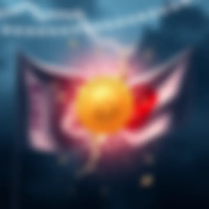 Illustration of Federal Reserve and Japan flags colliding with Bitcoin symbol in the center