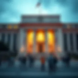 The Federal Reserve building with people discussing economic inequality outside.