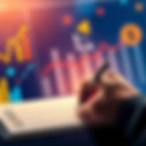 A person writing feedback on a rate scale, showing engagement and thoughtfulness, with a backdrop of growth charts and improvement symbols.