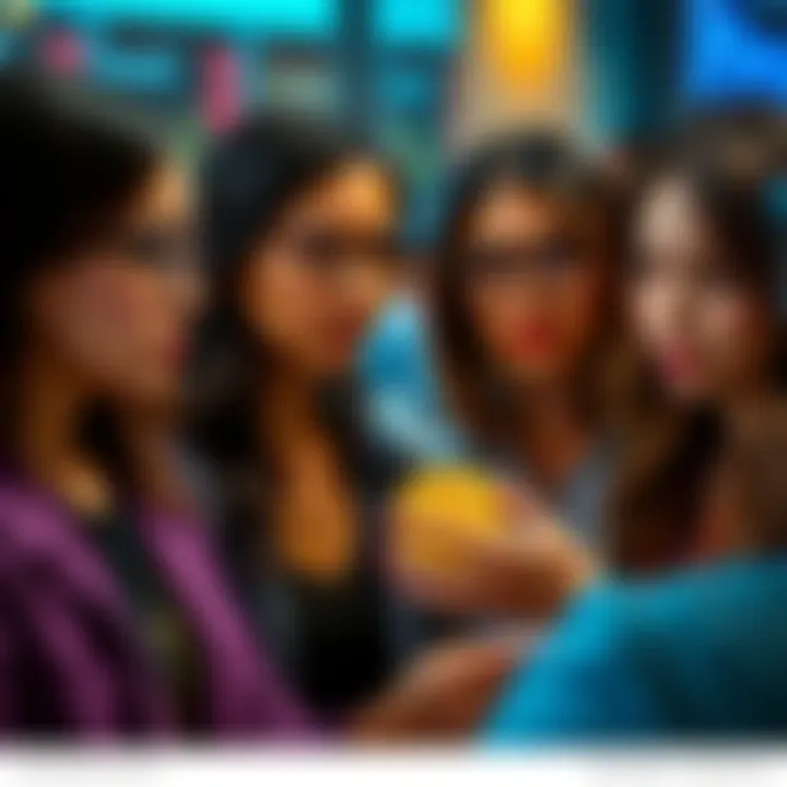 A group of female influencers discussing Bitcoin trends, with a focus on their serious expressions, symbolizing market analysis.