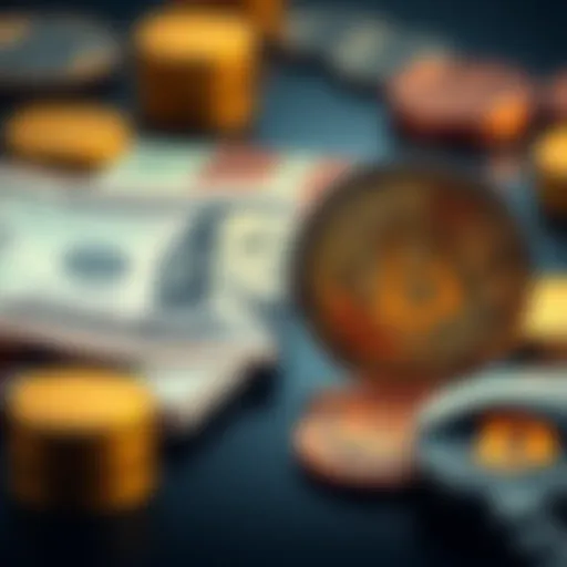 A split image showing cash and Bitcoin side by side, symbolizing the debate between fiat currency and cryptocurrency.