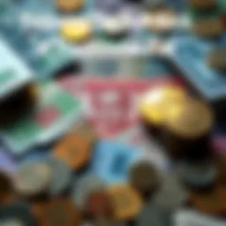 A collection of traditional fiat currency notes and coins from various countries displayed together