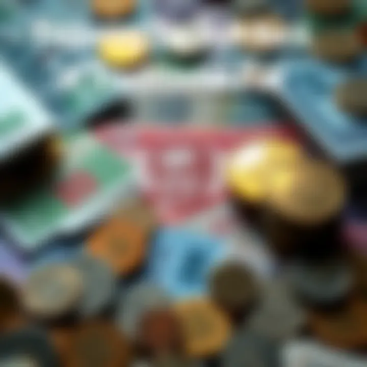 A collection of traditional fiat currency notes and coins from various countries displayed together