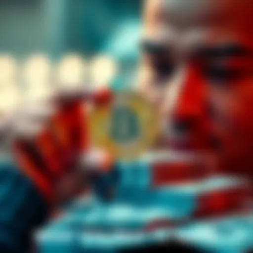 A person holding a Bitcoin while looking at a stack of fiat currency, symbolizing the shift to digital currency.
