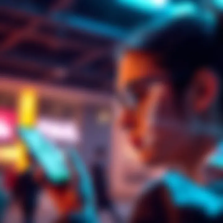 A person looking at a financial app on a smartphone with currency symbols and transfer arrows