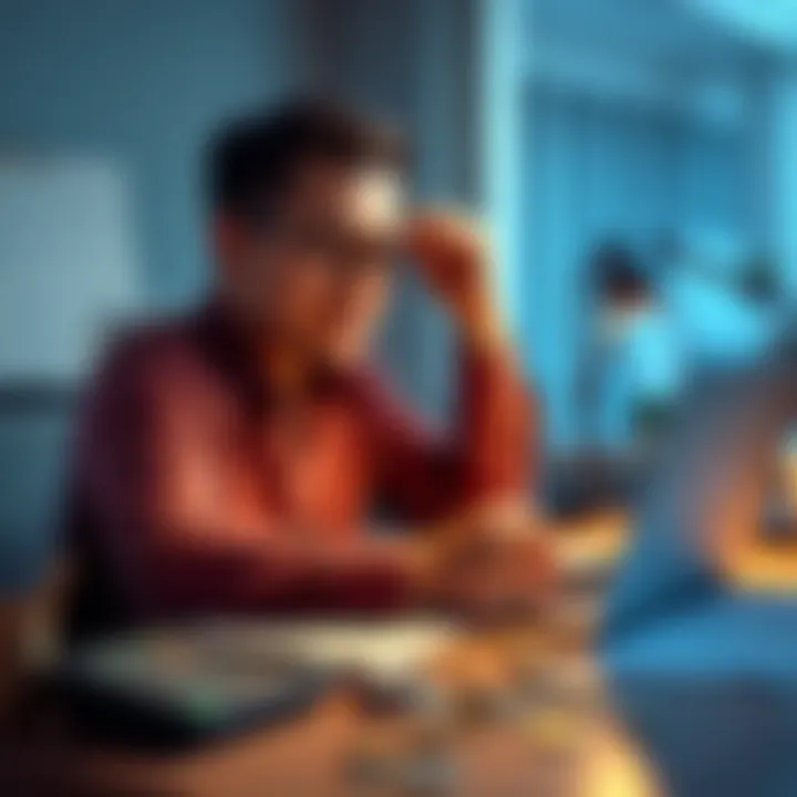 A person sitting at a desk with tax forms and a laptop, looking stressed while preparing for crypto taxes, surrounded by coins and calculators.