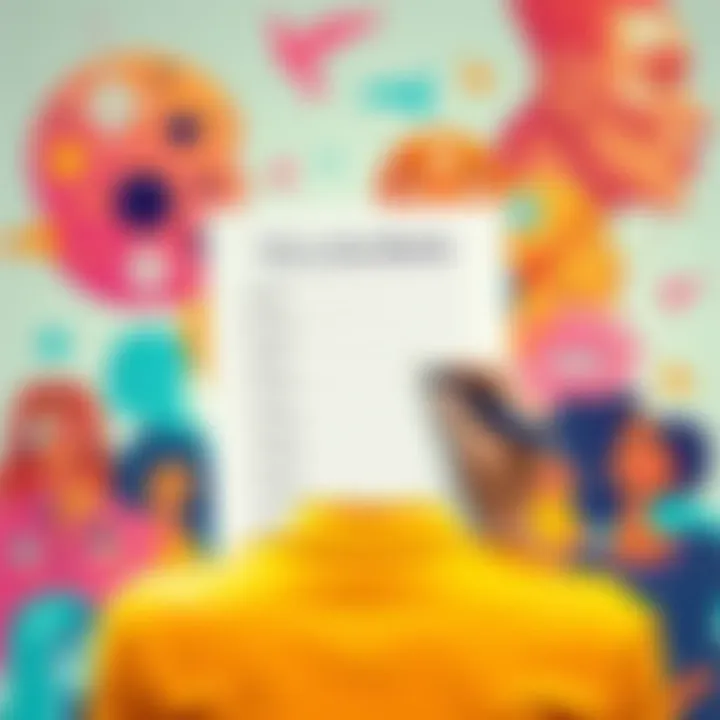 A person filling in a blank worksheet with phrases about their identity, surrounded by colorful artwork representing different identities