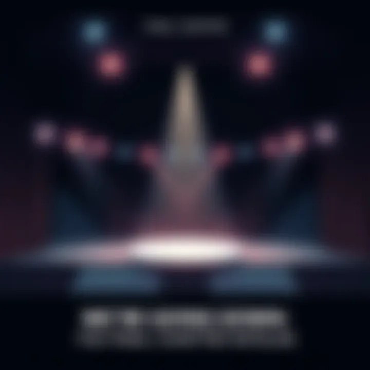 A darkened stage with a spotlight center, symbolizing the conclusion of a dramatic story, with shadows suggesting tension and anticipation from unseen characters.