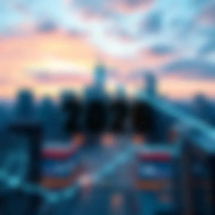 A futuristic city skyline with digital financial symbols and graphs illustrating technology's impact on banking.