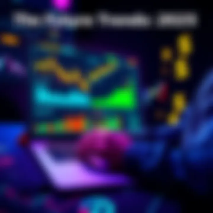 A person analyzing financial charts and graphs on a laptop with dollar signs and investment symbols around them