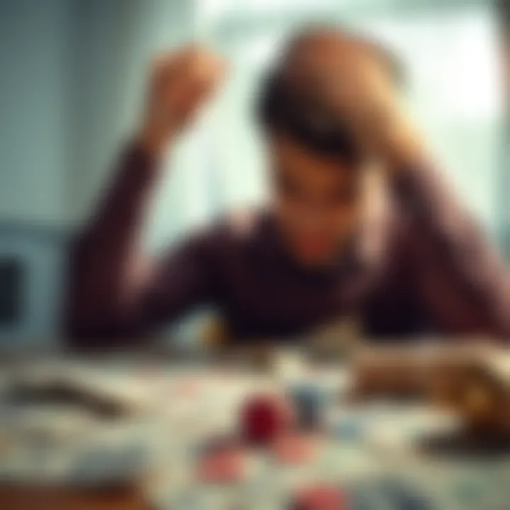 Person reflecting on financial stress Individual sitting at a table covered with bills and gambling chips, looking worried while holding their head in their hands
