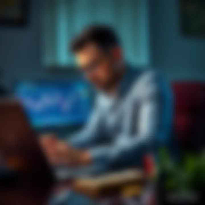A financial expert sitting at a desk, looking concerned while analyzing Bitcoin charts on a laptop, representing the volatility and risks of cryptocurrency investments.