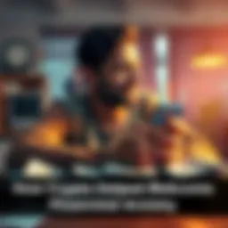 A person looking relieved while checking cryptocurrency values on their phone, with bills on the table in front of them.