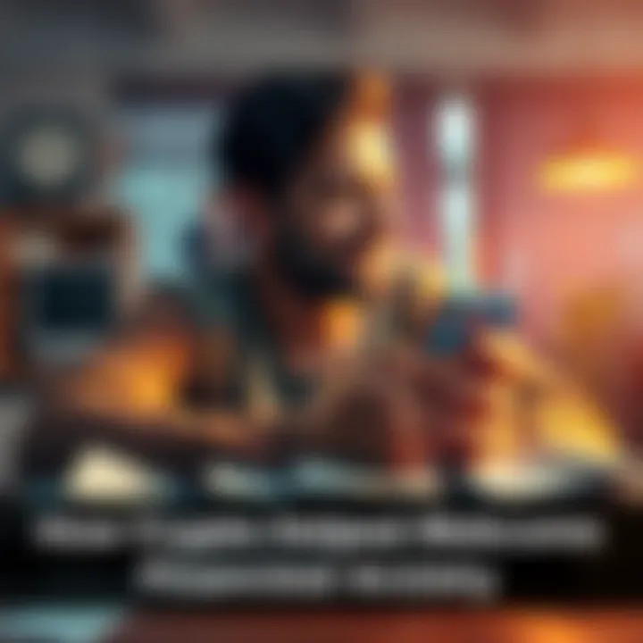 A person looking relieved while checking cryptocurrency values on their phone, with bills on the table in front of them.