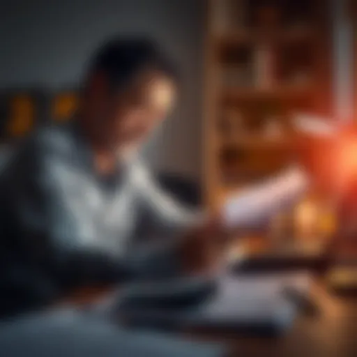 A 47-year-old individual analyzing savings and retirement plans at a desk, surrounded by financial documents and a calculator, looking focused and thoughtful.