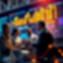 A group of financial professionals discussing strategies for cross-chain markets, with charts and digital finance graphics in the background.