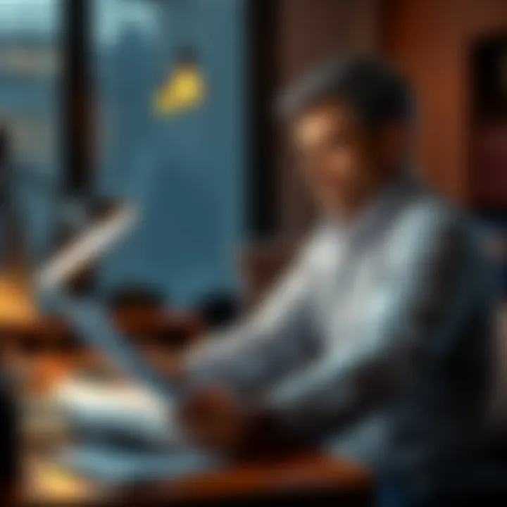 Person Reflecting on Financial Losses A person sits at a desk, looking concerned while reviewing financial documents, symbolizing the emotional toll of investment struggles over the years.