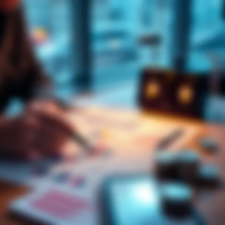 A person analyzing investment options with charts and cash on a table