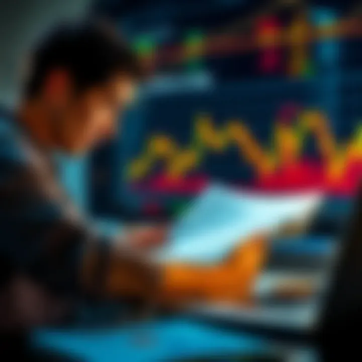 A person reviewing financial documents and a laptop, with graphs showing Bitcoin trends in the background.