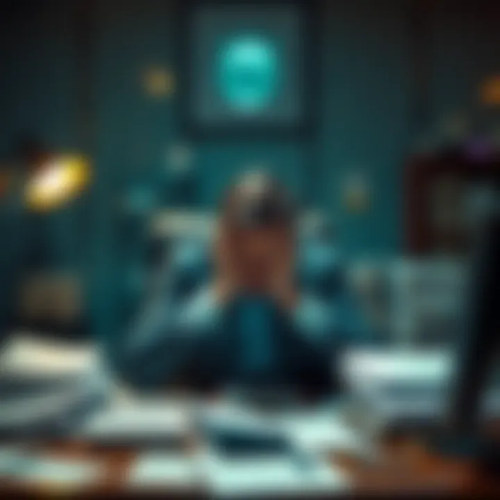 A stressed person sitting at a desk with tax documents and bills piled up, looking worried about their financial situation.