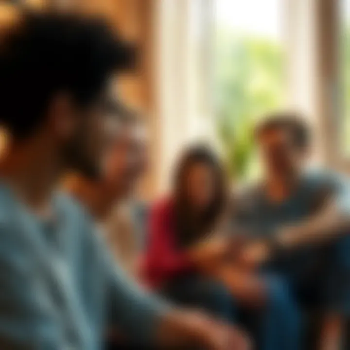 A group of people sitting together, sharing their feelings about financial losses and finding support in a warm environment