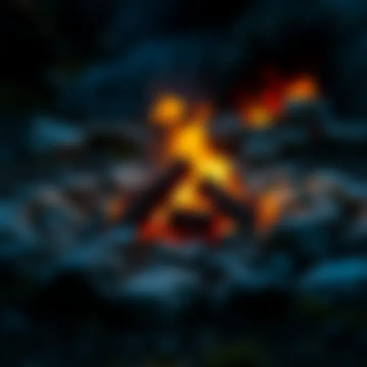 A bright campfire surrounded by stones and logs, representing warmth and community