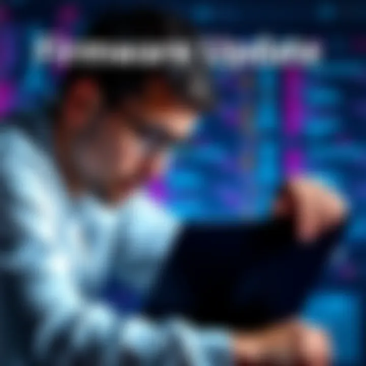 A person checking a laptop for firmware updates with a magnifying glass to ensure they are legitimate.