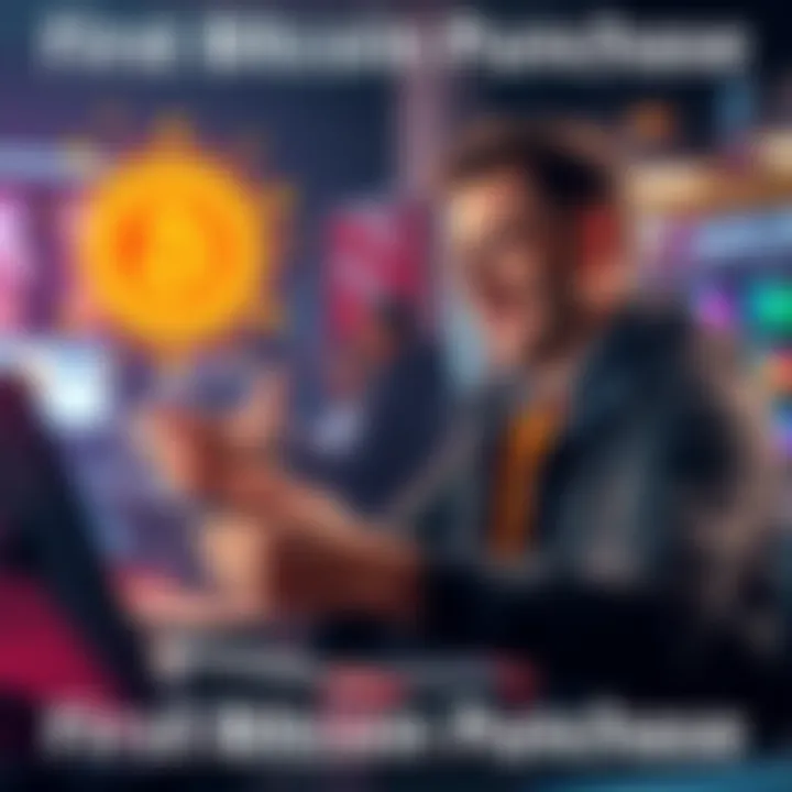 Person making their first Bitcoin purchase on a digital platform, showing excitement and engagement.
