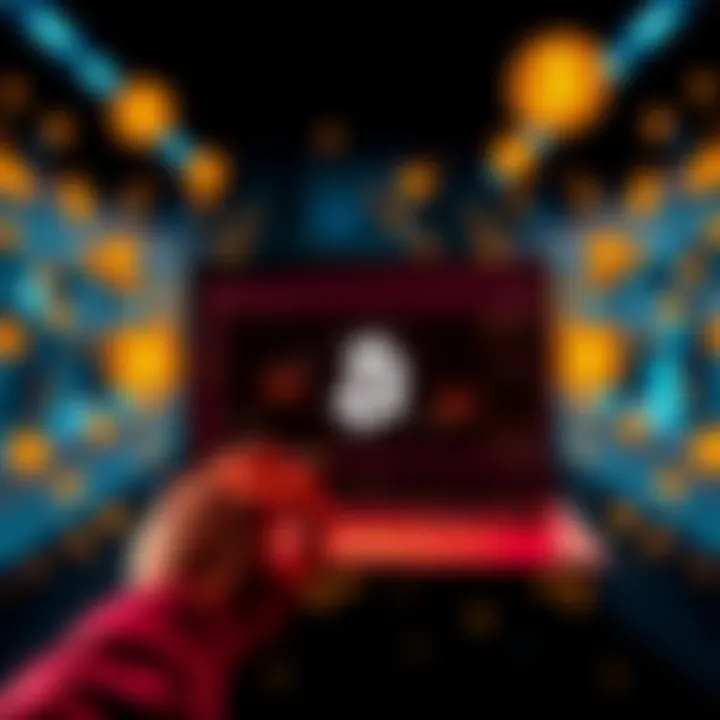 My First Bitcoin Wallet and Laptop A person holding an old laptop from 2011 showing a bitcoin wallet on the screen, surrounded by digital currency symbols.