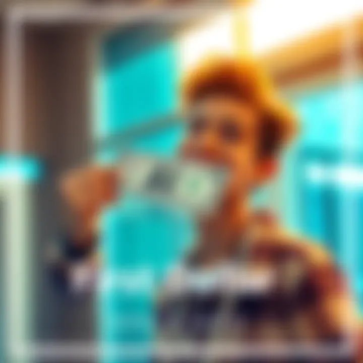 A person happily holding their first dollar bill, smiling with excitement in a bright environment.