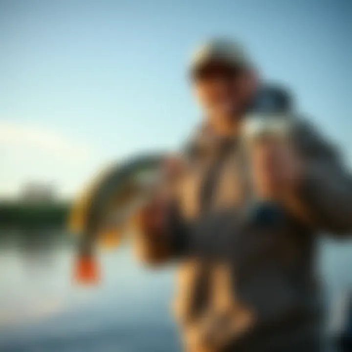 A fisherman holding a small fish, smiling proudly with a trophy in the other hand, standing by a lake during a fishing contest.