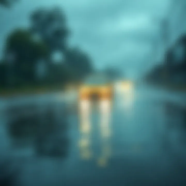 Flooded Road A road submerged in water due to heavy rainfall, with a car cautiously navigating through the water