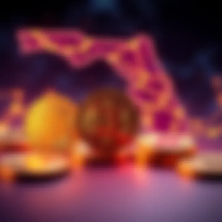 Florida Bitcoin Reserves A digital representation of Bitcoin coins with a Florida outline in the background, symbolizing the state's new crypto legislation.