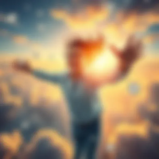 A person joyfully flying in the sky while holding sparkling diamonds