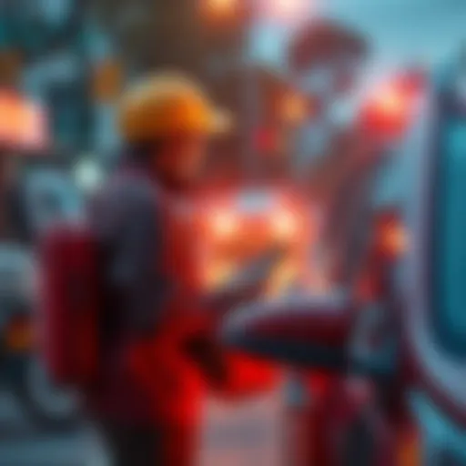 A food delivery driver stands beside a car, entering a PIN number on a device while a customer waits impatiently nearby.