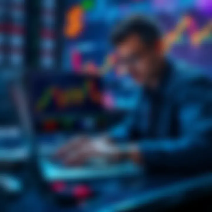 A trader analyzing forex charts and rebate strategies on a laptop with currency symbols in the background.