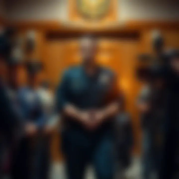 A former LAPD officer stands in handcuffs outside a courtroom, surrounded by police officers and media, after being convicted of robbery and kidnapping involving a teenager.