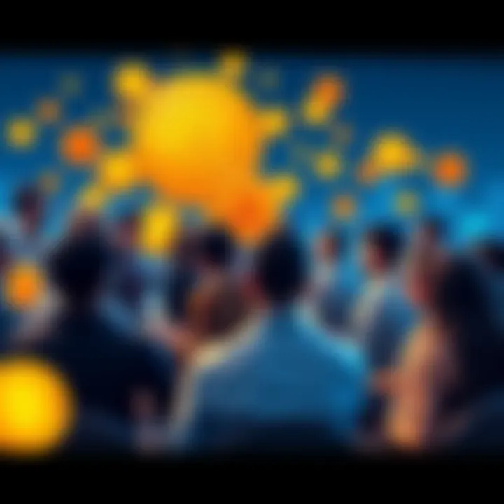 A group of diverse people discussing cryptocurrency wealth, with Bitcoin symbols around, showing engagement in a popular forum setting.
