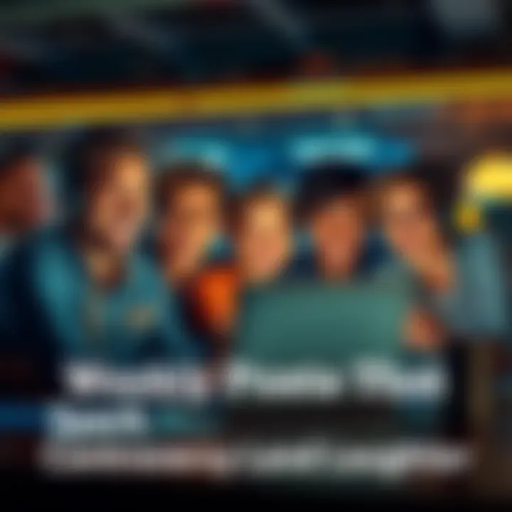 A group of people laughing while reading humorous forum posts on a laptop