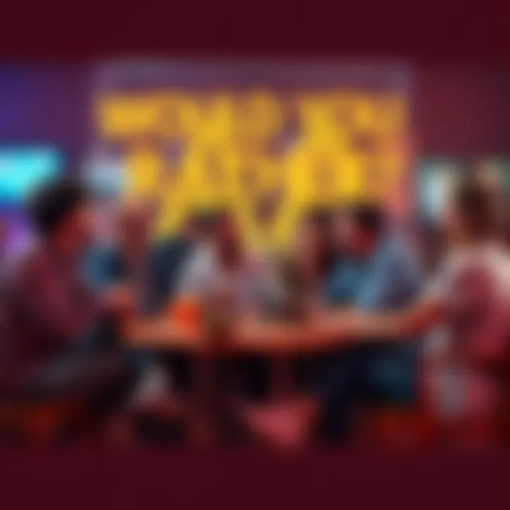 Group of friends playing Would You Rather A lively group of friends sitting in a circle, laughing and discussing fun Would You Rather questions during a game night