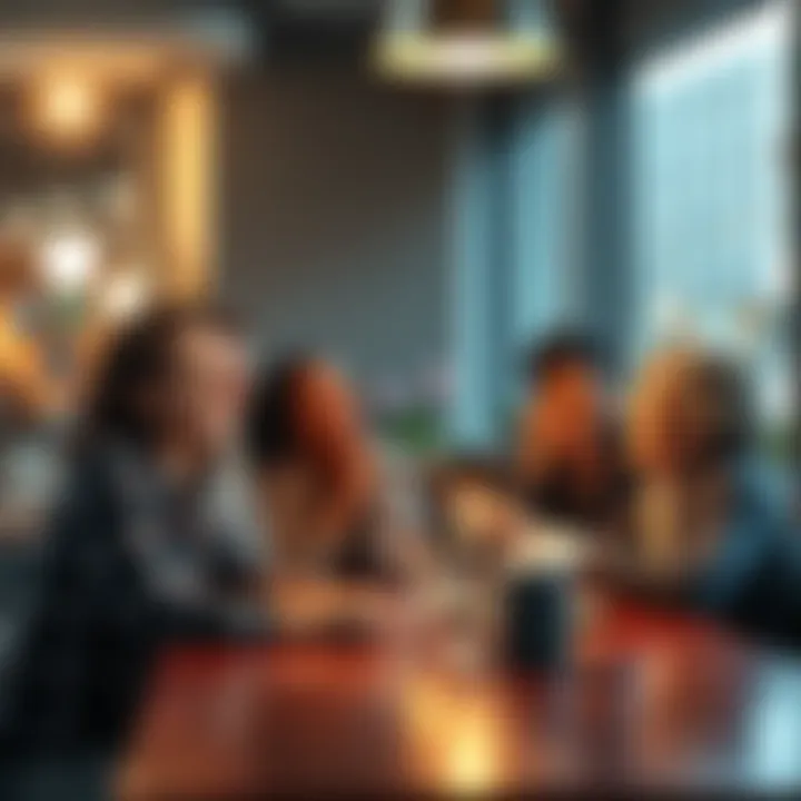 A diverse group of friends laughing and sharing stories around a table, looking nostalgic.
