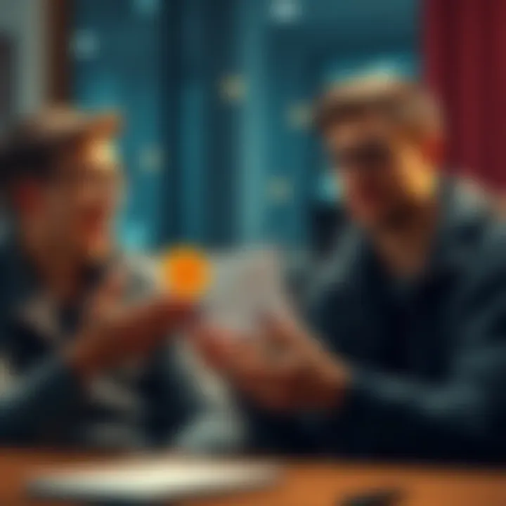 Friends discussing Bitcoin prices Two friends talking animatedly, one excitedly showing a chart of Bitcoin's value while the other appears skeptical and amused.