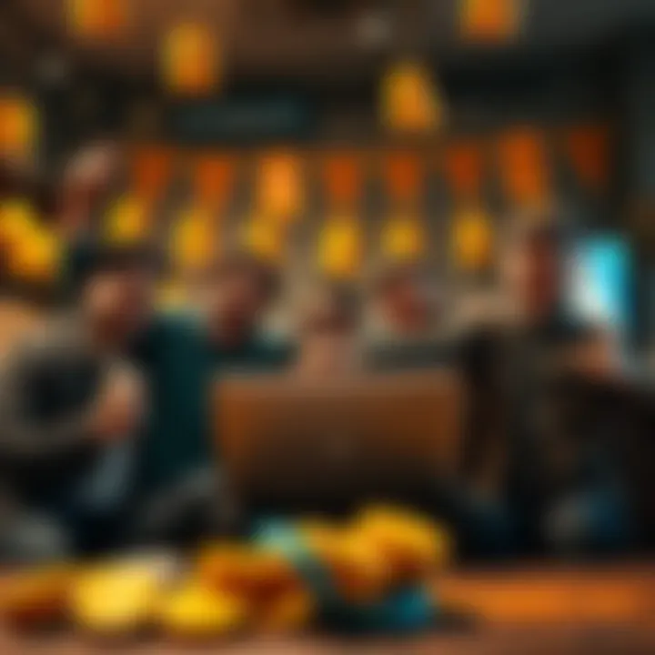 A group of friends celebrating their shared investment in Dogecoin, showing enthusiasm and friendship, with dog-themed decorations in the background.