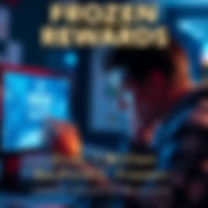 A frustrated person looking at a screen displaying frozen RevPoints, with a message about alleged violations.