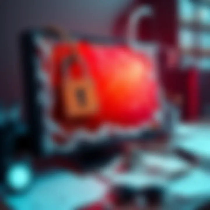 A visual representation of account freezing, showing a locked computer screen and documents scattered around, symbolizing the struggle with Bitstamp and KYC challenges.