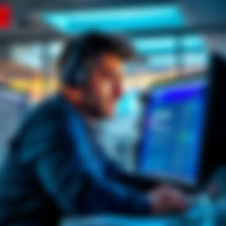 A concerned business owner looking at a computer screen displaying a frozen account message, symbolizing halted payments and operations.