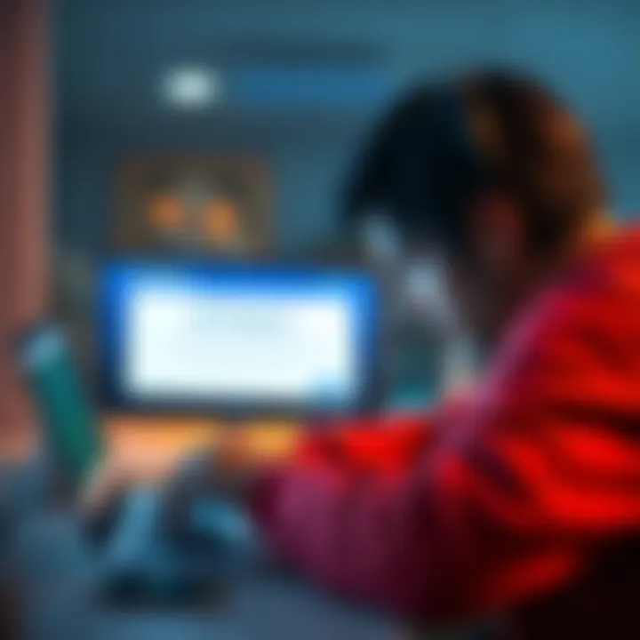 A person looking frustrated while checking their Coinbase account on a laptop, showing a message about account restrictions.