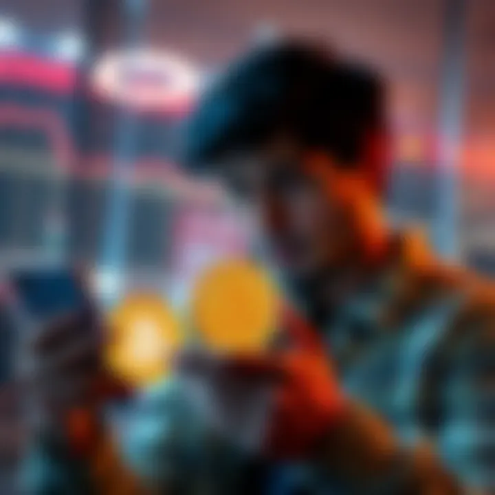 A person looking disappointed while checking Bitcoin prices on their phone, holding a small amount of Bitcoin represented by a digital wallet icon.