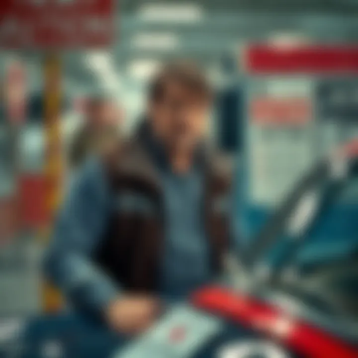 A buyer stands by a classic car with a disappointed expression, surrounded by auction signs and paperwork, reflecting frustration with the auction process.