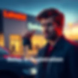 A frustrated buyer holding car keys and looking at a dealership building, showing their disappointment due to vehicle registration delays